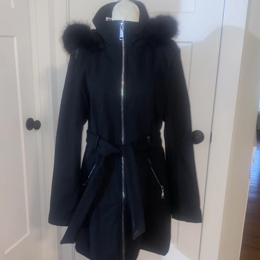 Rebecca Minkoff Black Trench Coat with Fur Trim midweight softshell size‎ medium